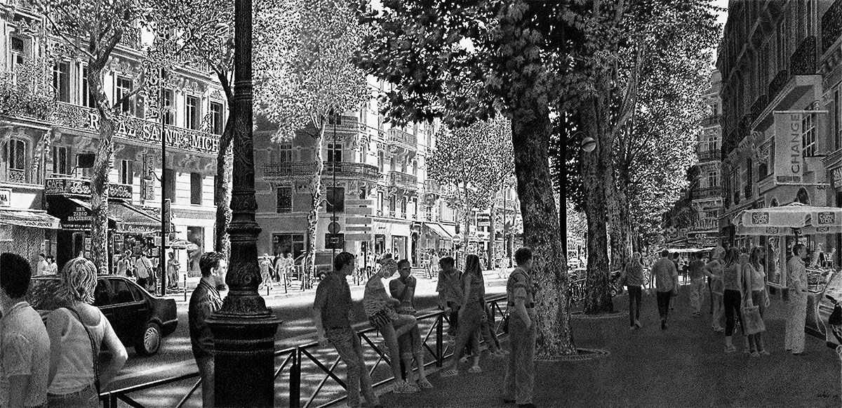2004/1 Boulevard Saint-Michel, Paris. Kohle auf Aquarellpapier. 87,5 x 180 cm