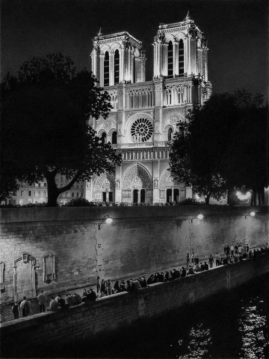2024-4 Notre-Dame Paris Wachsbasierter Stift auf Aquarellpapier. 80 x 60 cm