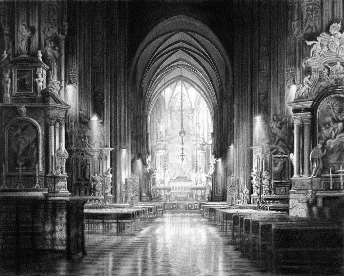 2017/1 Stephansdom - Wien. Kohle auf Aquarellpapier. 80 x 100 cm. Privatbesitz