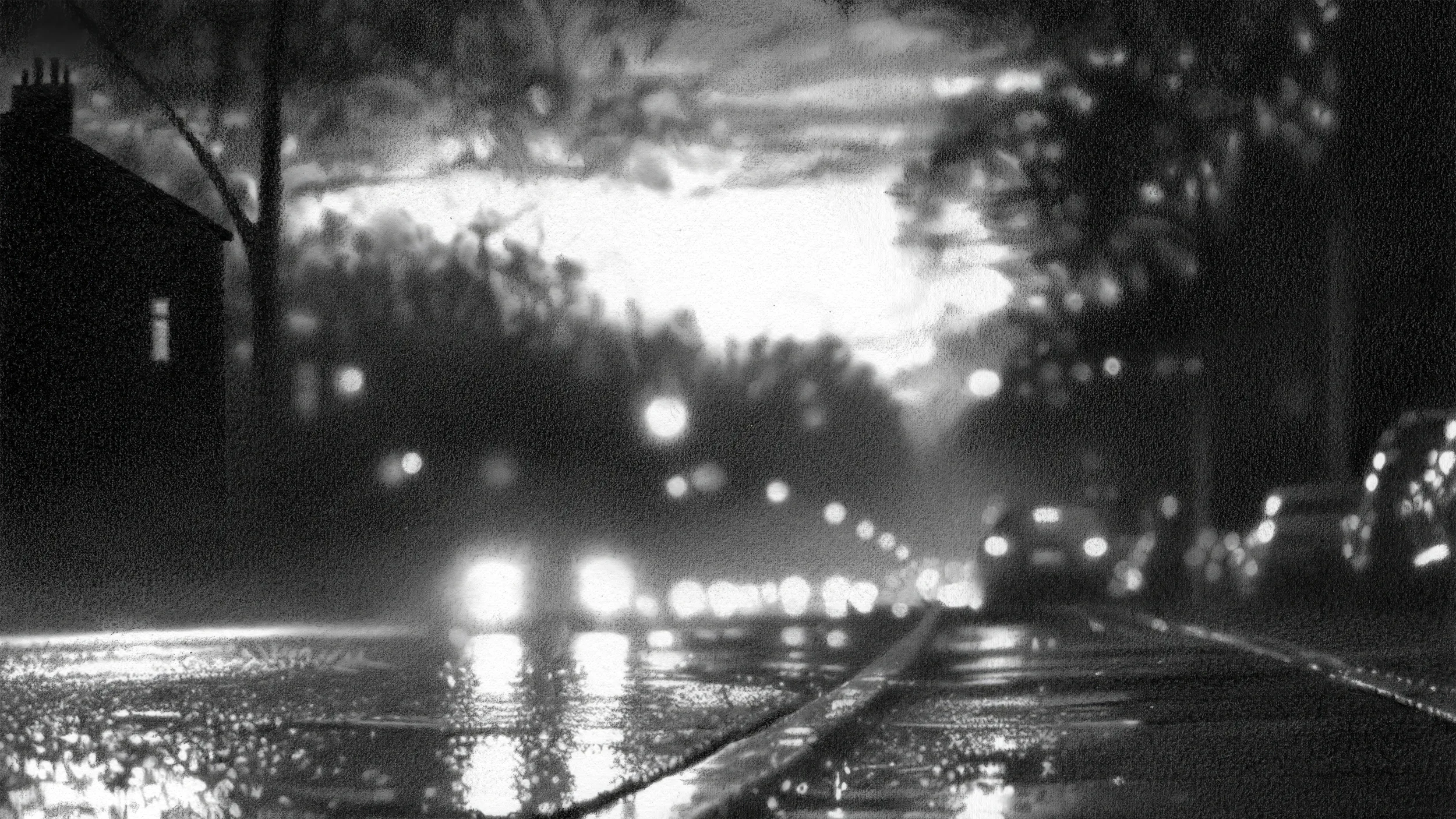 Zeichnung: regennasse Straße in der Dämmerung, entgegenkommende Scheinwerfer im Asphalt